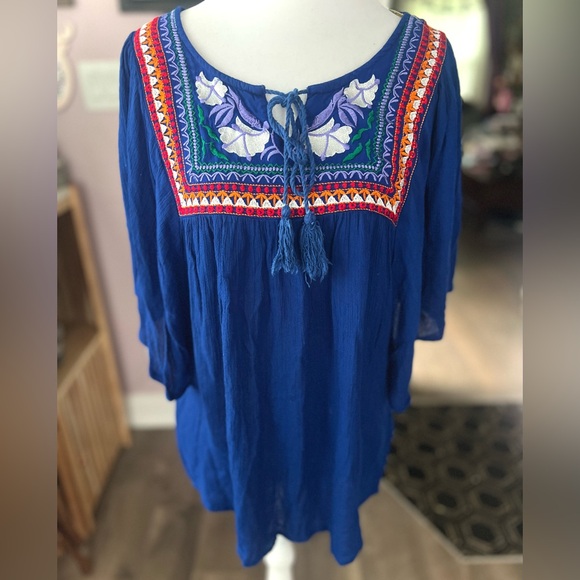 EARTHBOUND Tops - EARTHBOUND Blue Embroidered Tunic